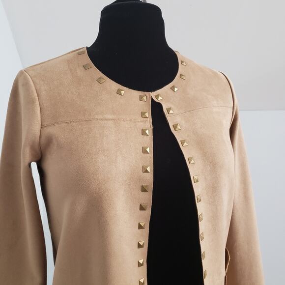 Carmen Marc Valvo Tan Faux Suede Embellished Raw Hem Open Jacket XS - Picture 4 of 10
